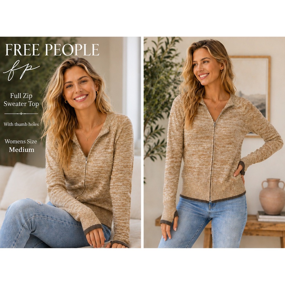 FREE PEOPLE Women's M Full Zip Sweater Tan Marled Long Sleeve Thumb Holes #1803